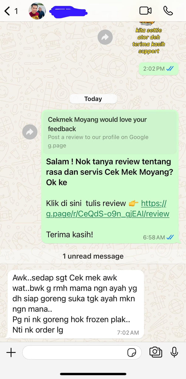 Testimoni WhatsApp pelanggan Mek Yang Food